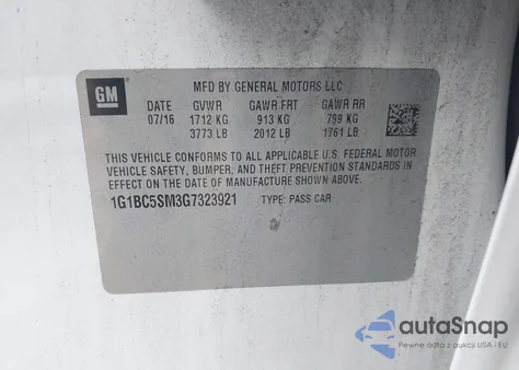 2016 Chevrolet Cruze Ls Auto из США, поврежденный, VIN 1G1BC5SM3G7323921